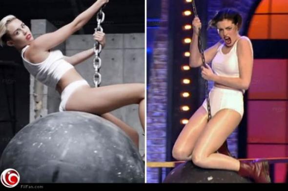 بالفيديو- آن هاثاواي تقلد عري وإثارة مايلي سايرس في أغنيتها Wrecking Ball بكل احترافية!