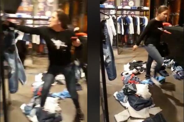 بالفيديو: بطريقة "هستيرية".. امرأة تخرّب متجراً للألبسة في بيروت